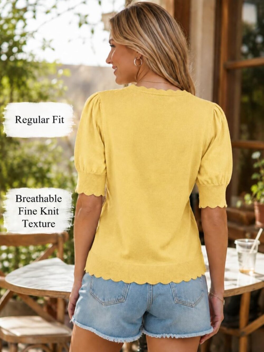 Women's Light Yellow Short Sleeve Crew Neck Pull On Imported Casual Sweater - Picture 5 of 6